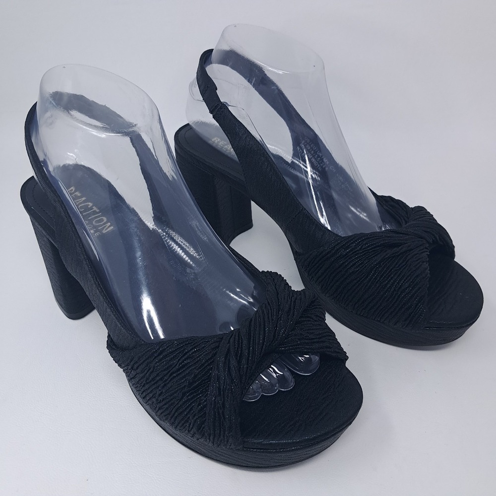Reaction Kenneth Cole Rylee Twisted Fabric Platform Black Slingback Heels Size 8